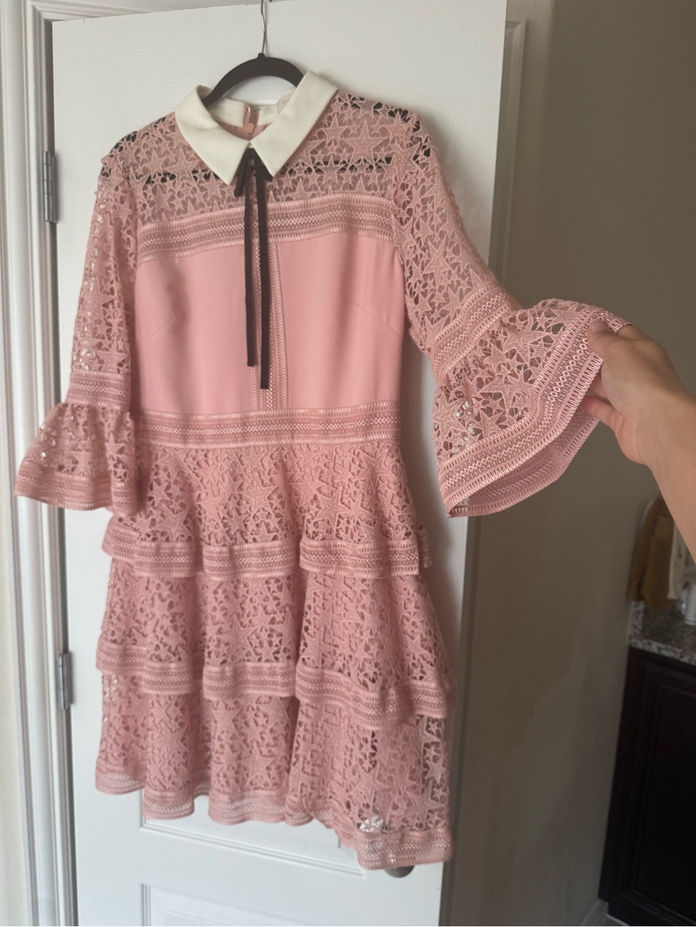 Size 4 Ted Baker Blush Pink Lace Tiered Mini Dress with Contrast Collar